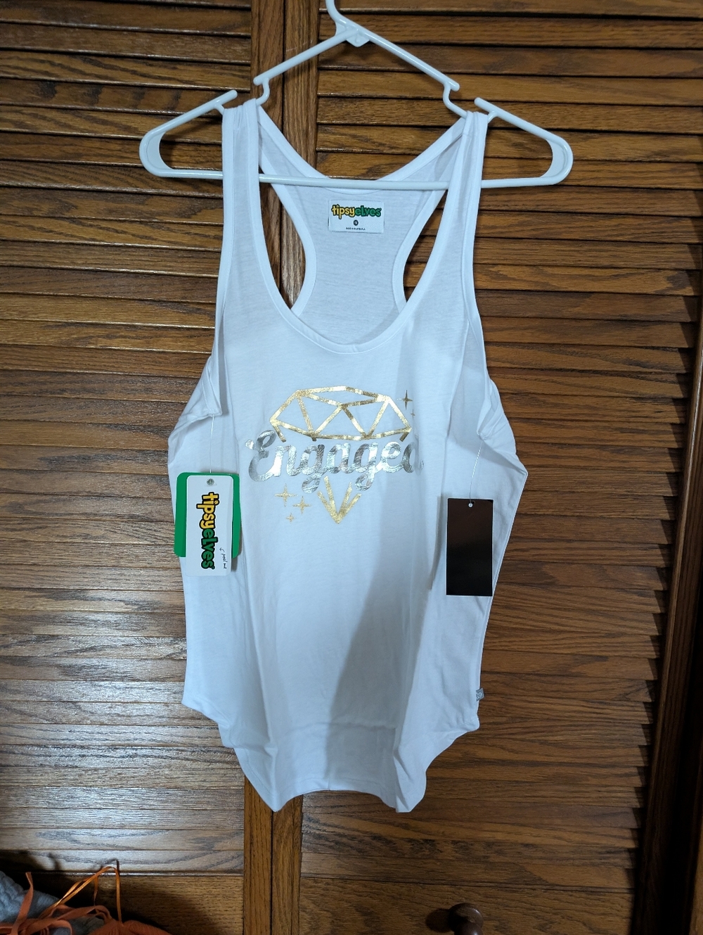 Tipsy Elves NWT White‎ Racerback Tank with Gold Diamond Graphic  Engaged